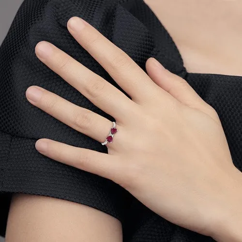 14k White Gold Created Ruby 2- Stone Heart Bow Ring
