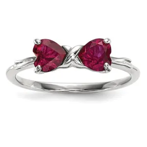 14k White Gold Created Ruby 2- Stone Heart Bow Ring