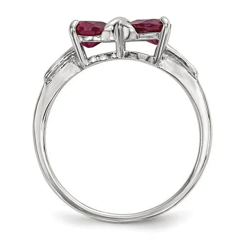 14k White Gold Created Ruby 2- Stone Heart Bow Ring