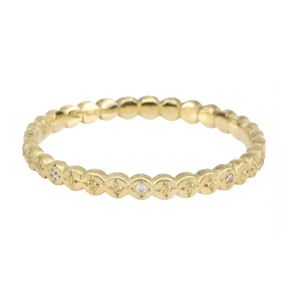 18K Gold Thin "River Rocks" Ring with Diamond and Etched Details