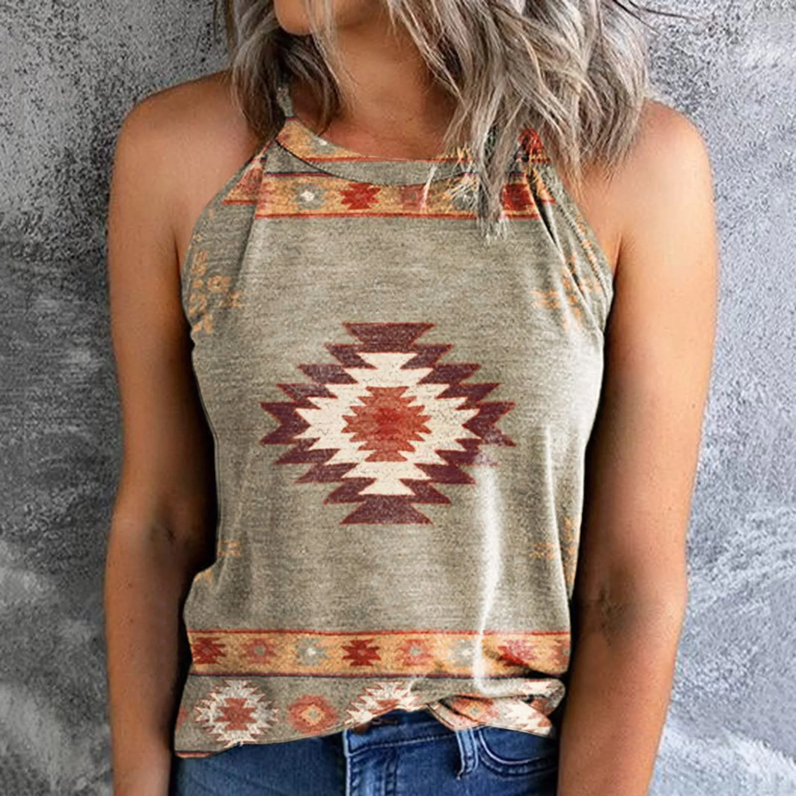 2023Summer AmazonebayCross-Border European and American New Women's Clothes Loose Retro Printed Halter Sleeveless Vest