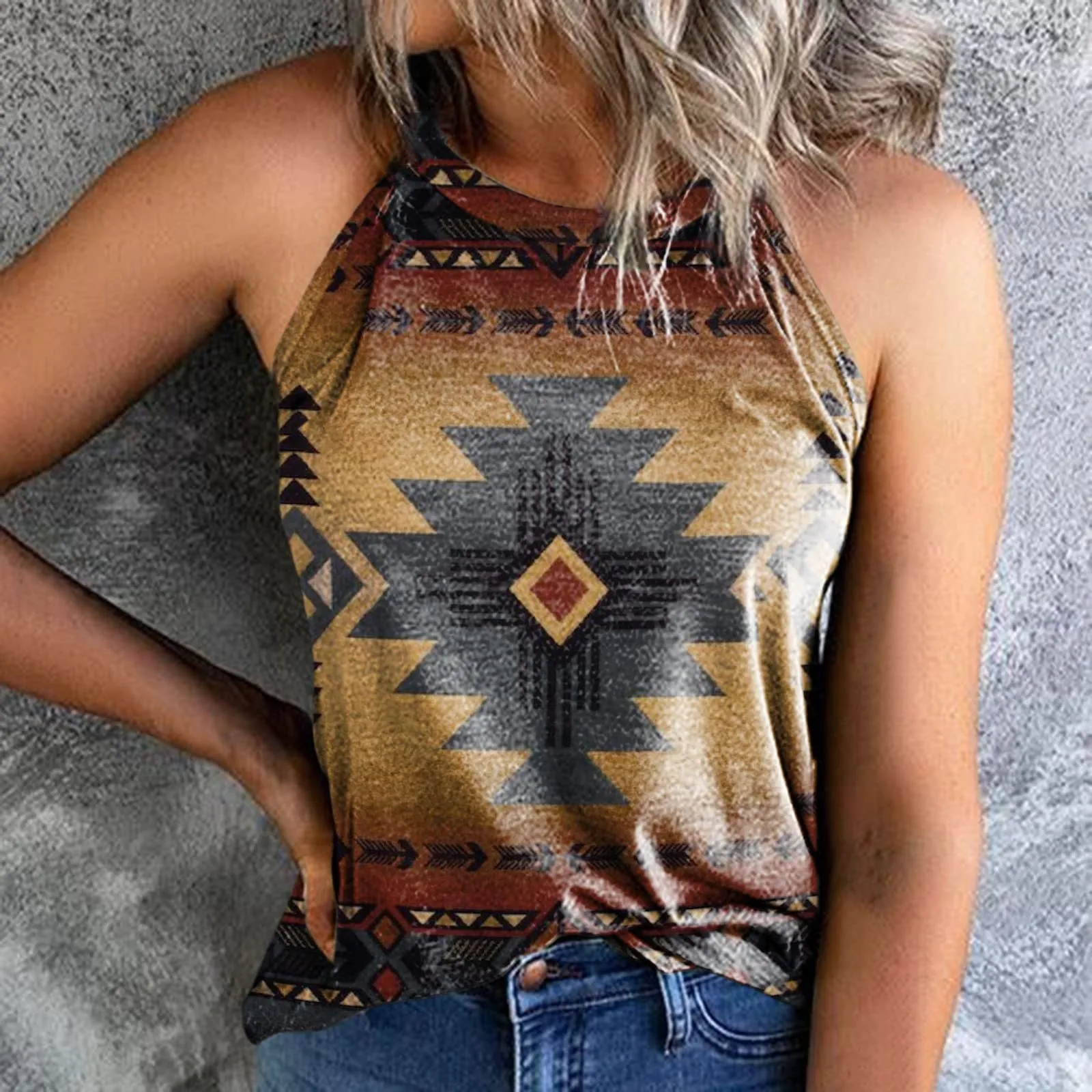 2023Summer AmazonebayCross-Border European and American New Women's Clothes Loose Retro Printed Halter Sleeveless Vest
