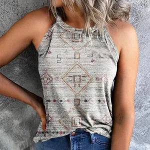 2023Summer AmazonebayCross-Border European and American New Women's Clothes Loose Retro Printed Halter Sleeveless Vest