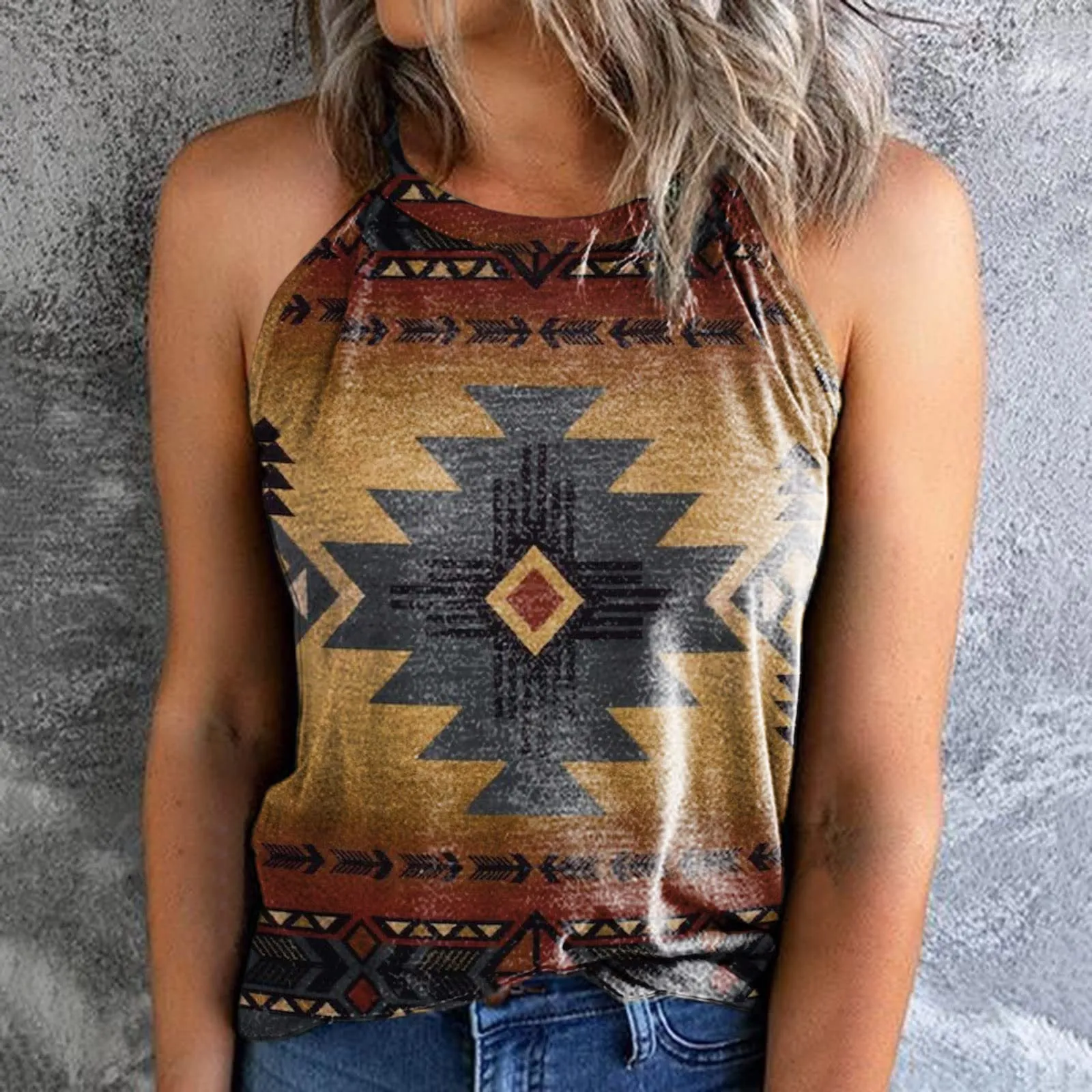 2023Summer AmazonebayCross-Border European and American New Women's Clothes Loose Retro Printed Halter Sleeveless Vest