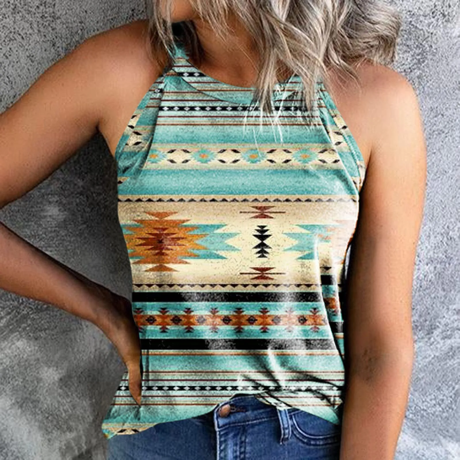2023Summer AmazonebayCross-Border European and American New Women's Clothes Loose Retro Printed Halter Sleeveless Vest