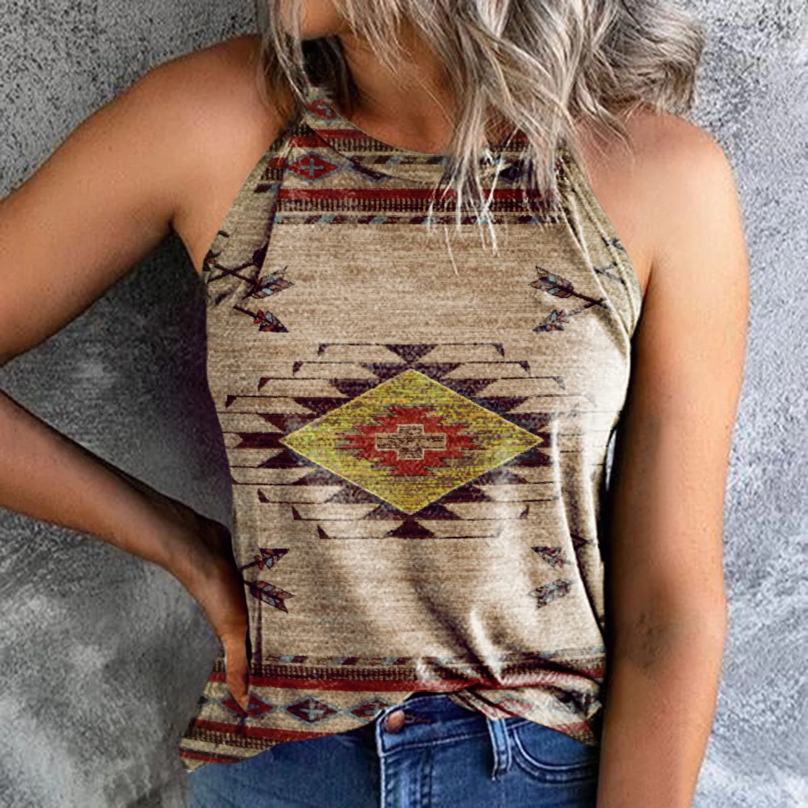 2023Summer AmazonebayCross-Border European and American New Women's Clothes Loose Retro Printed Halter Sleeveless Vest
