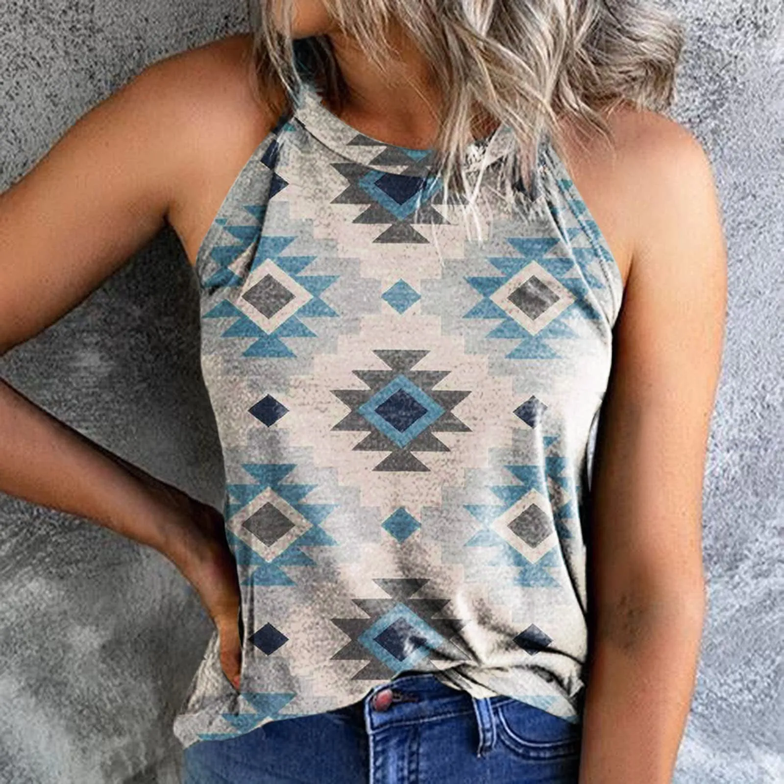 2023Summer AmazonebayCross-Border European and American New Women's Clothes Loose Retro Printed Halter Sleeveless Vest