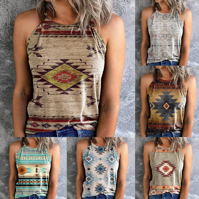 2023Summer AmazonebayCross-Border European and American New Women's Clothes Loose Retro Printed Halter Sleeveless Vest