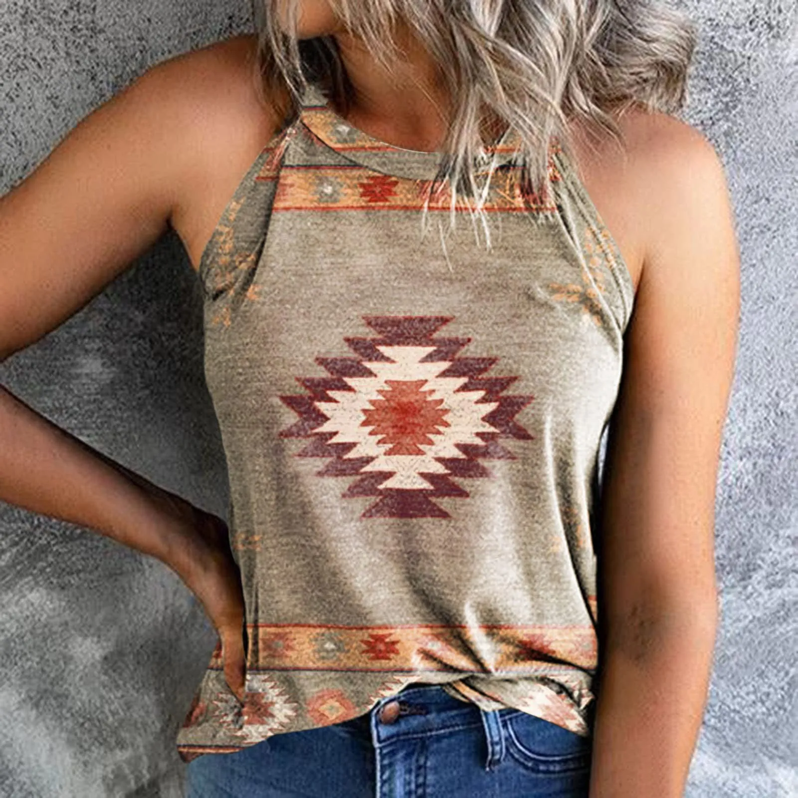 2023Summer AmazonebayCross-Border European and American New Women's Clothes Loose Retro Printed Halter Sleeveless Vest