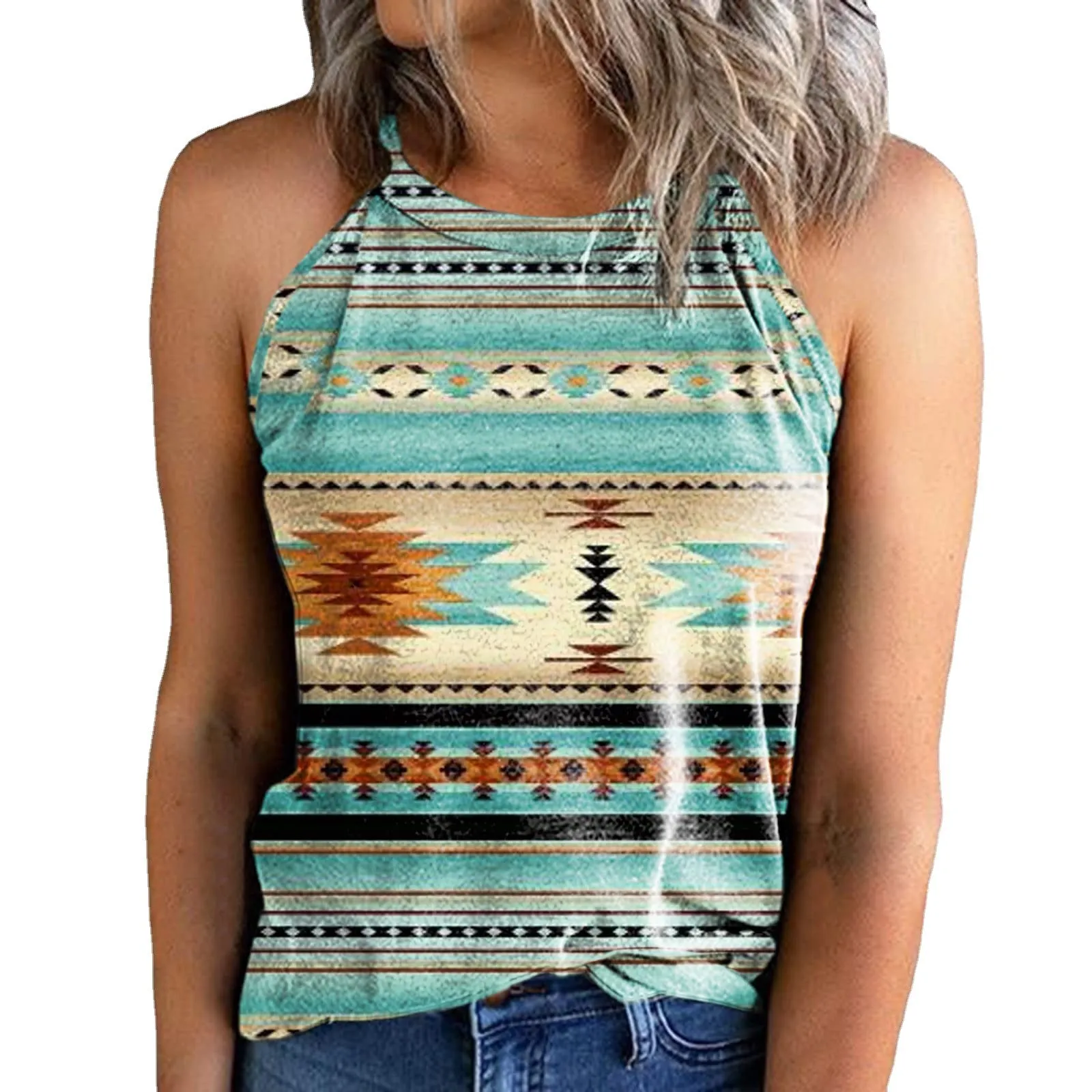 2023Summer AmazonebayCross-Border European and American New Women's Clothes Loose Retro Printed Halter Sleeveless Vest