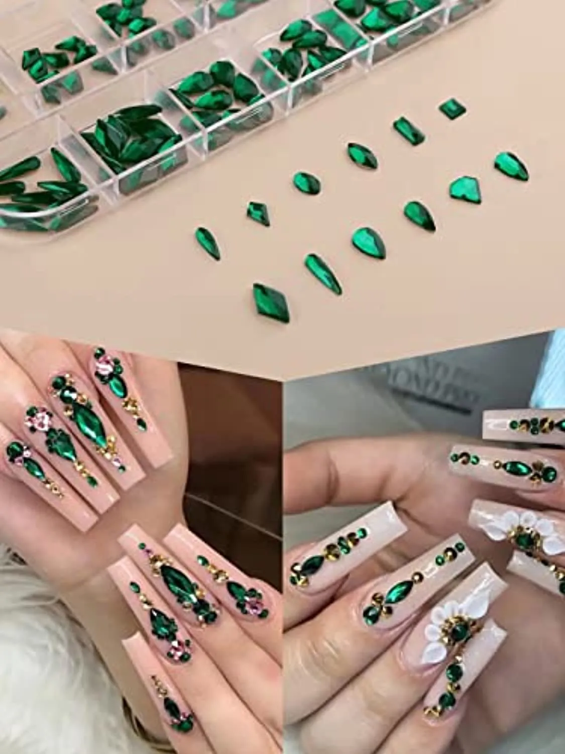 3120 Pcs Green Nail Art Rhinestone Gems Kit EBANKU Nail Art Crystal Flat Back Nail Diamond Jewels with Tweezers and Drill Pen