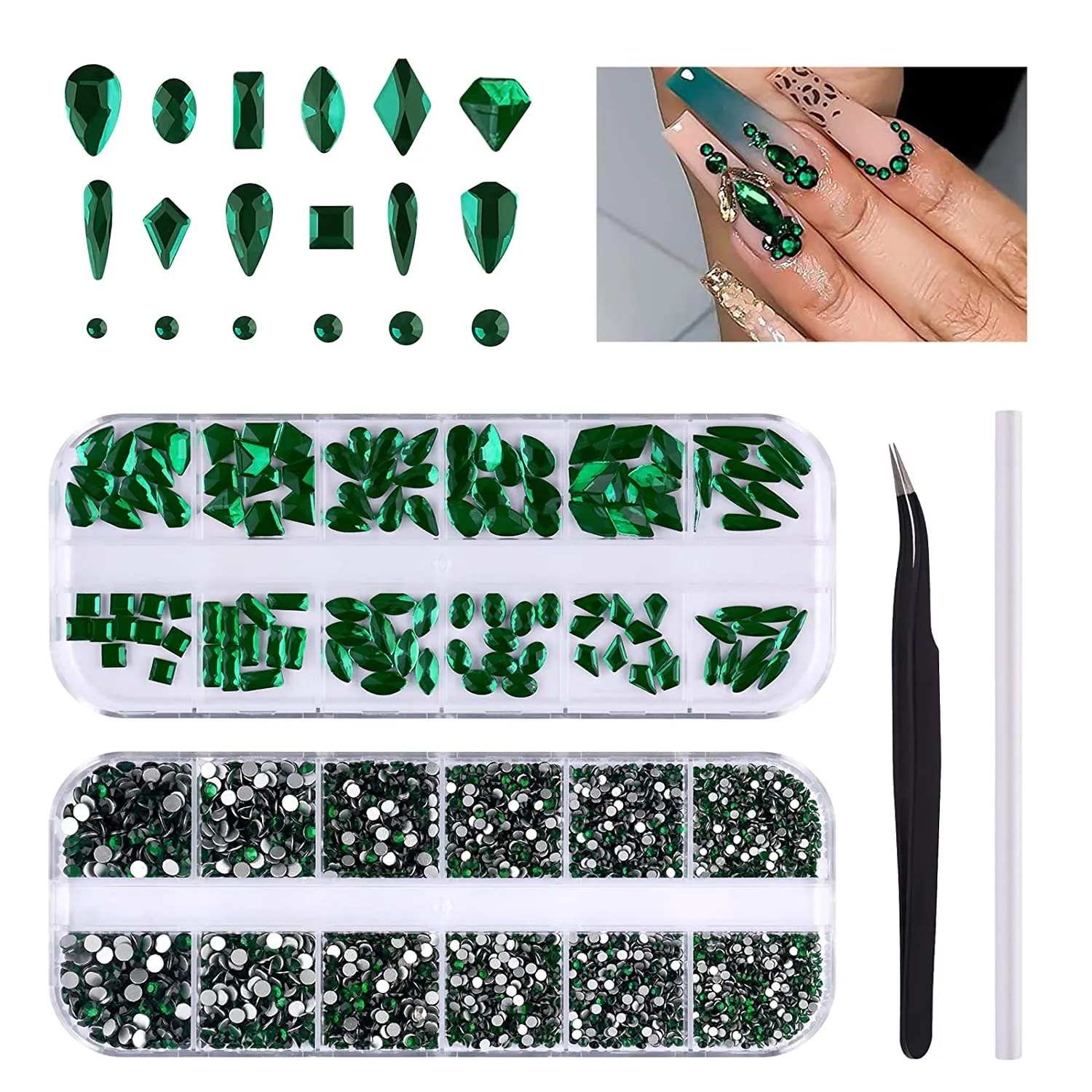 3120 Pcs Green Nail Art Rhinestone Gems Kit EBANKU Nail Art Crystal Flat Back Nail Diamond Jewels with Tweezers and Drill Pen