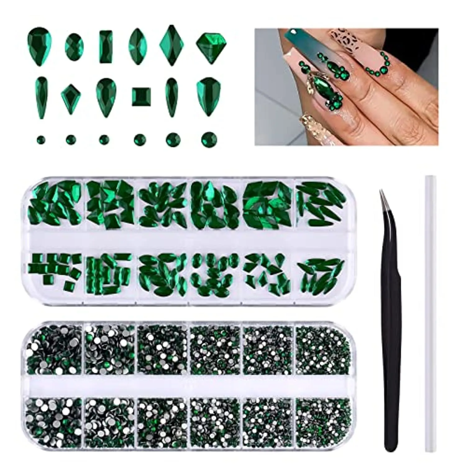 3120 Pcs Green Nail Art Rhinestone Gems Kit EBANKU Nail Art Crystal Flat Back Nail Diamond Jewels with Tweezers and Drill Pen