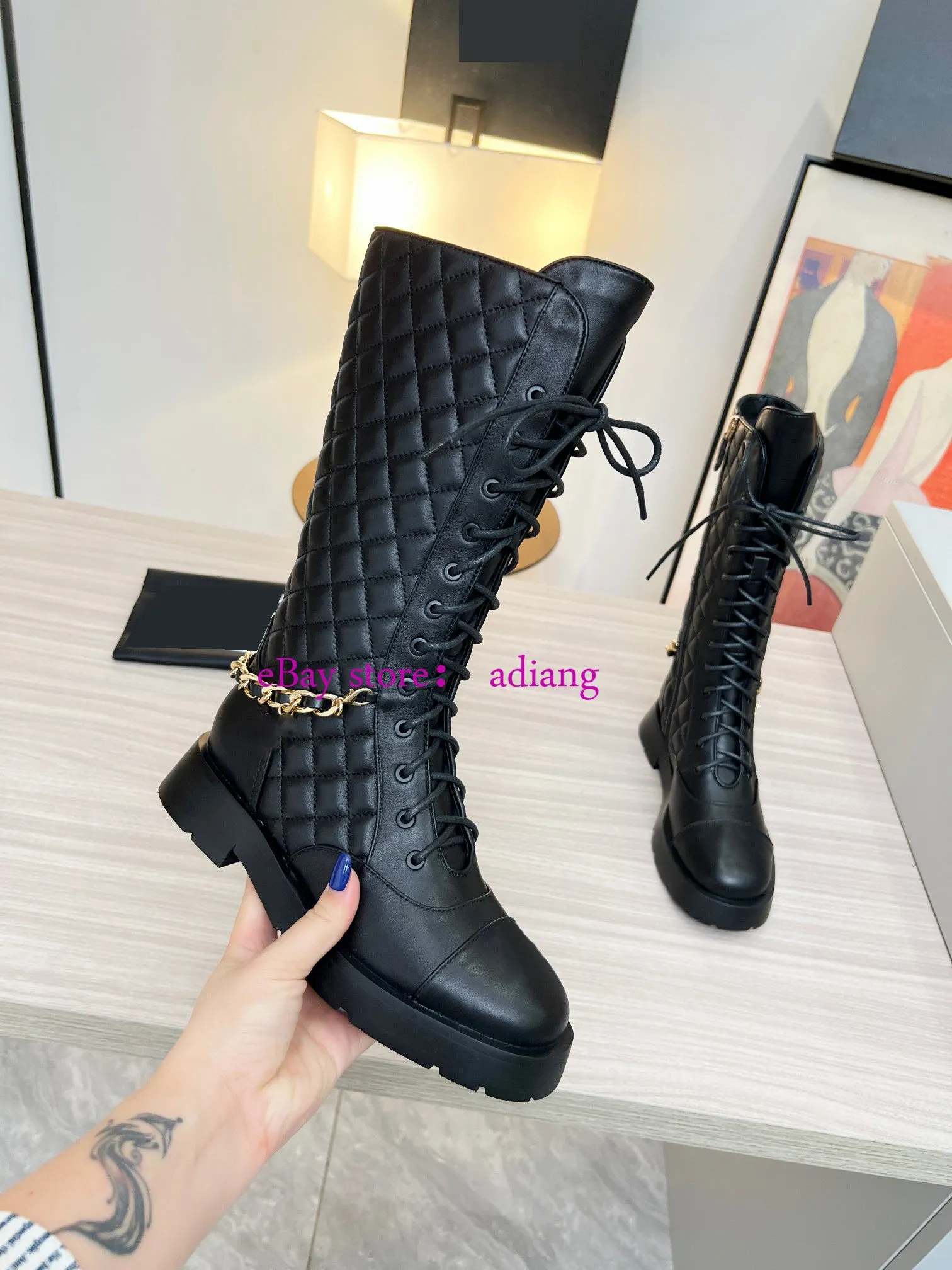 35-41 leather lace up high boots flats fashion chain shoes women 2023 high quality 12''