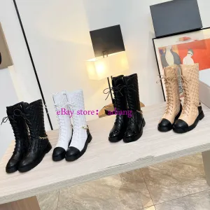 35-41 leather lace up high boots flats fashion chain shoes women 2023 high quality 12''