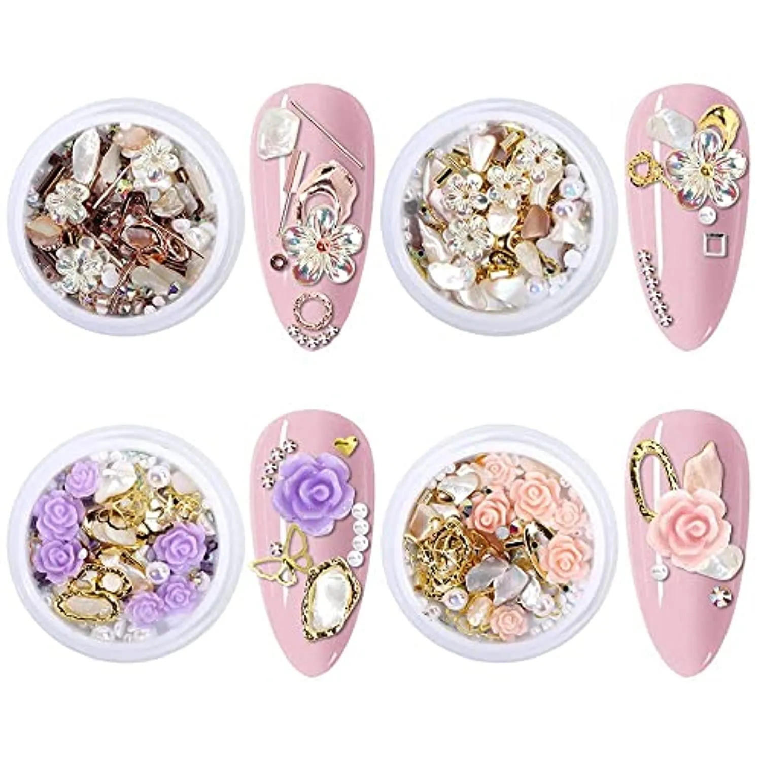 4 Boxes 3d Flowers for Nails, 3d Nail Charms for Acrylic Nails Pearl for Nail Art Decorations, Nail Accessories 3d Pearls Nail Rhinestones for Nails