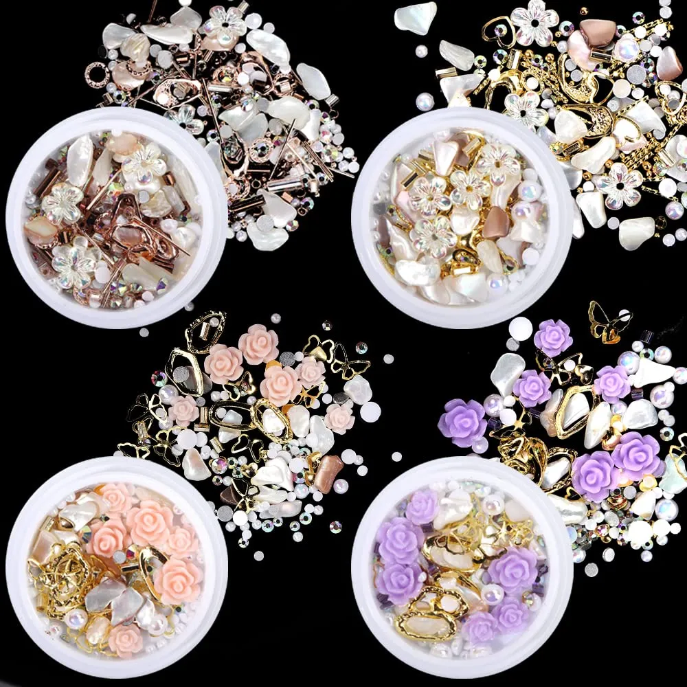 4 Boxes 3d Flowers for Nails, 3d Nail Charms for Acrylic Nails Pearl for Nail Art Decorations, Nail Accessories 3d Pearls Nail Rhinestones for Nails