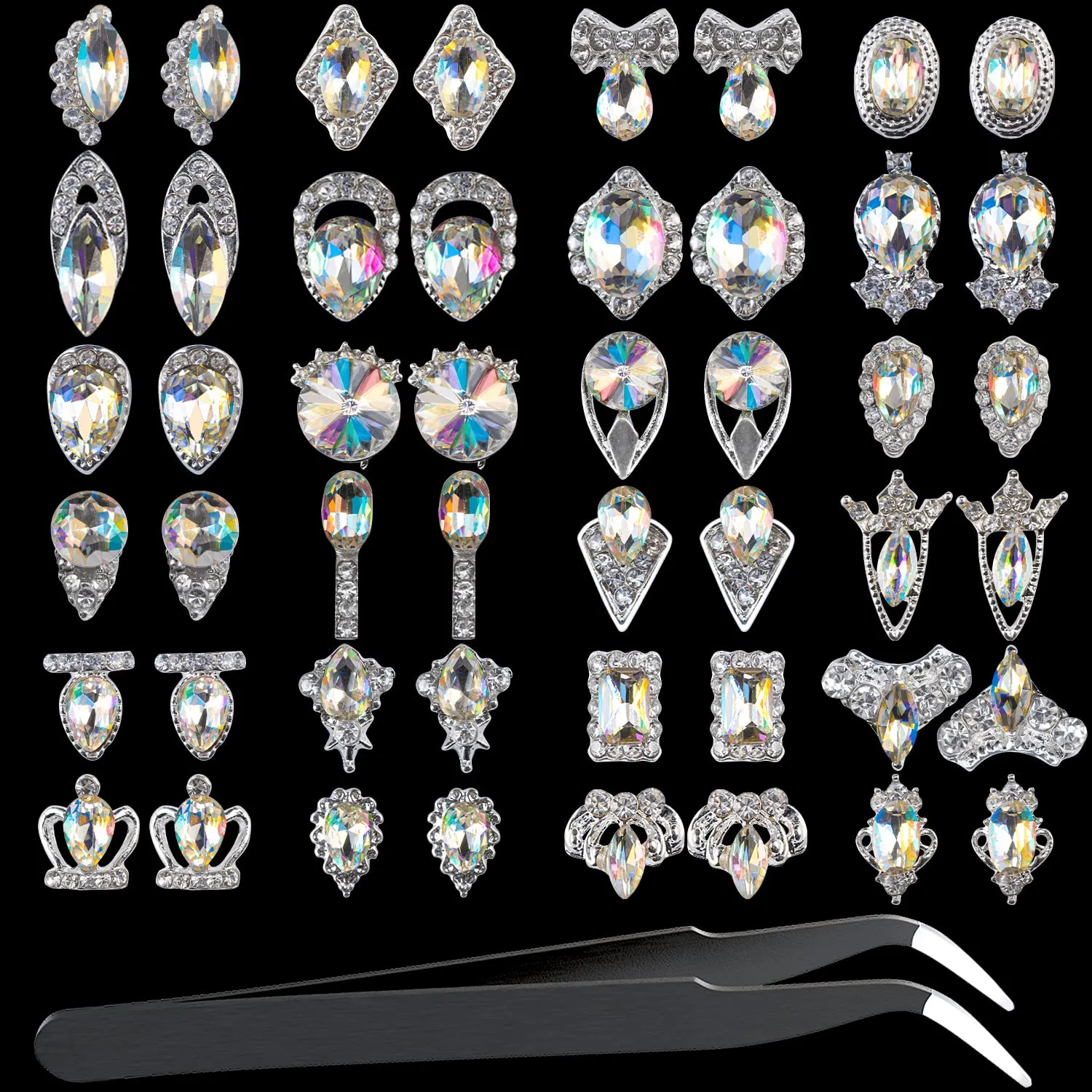 48PCS Large 3D Silver Alloy Nail Rhinestones Charm with Iridescent Color for Manicure Metal Frame, Big Gem Jewel Stone Crystal Diamond for Nail Art, Tweezer Included