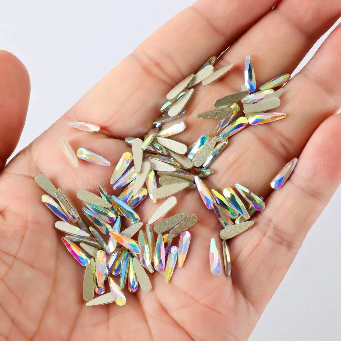 48PCS Large 3D Silver Alloy Nail Rhinestones Charm with Iridescent Color for Manicure Metal Frame, Big Gem Jewel Stone Crystal Diamond for Nail Art, Tweezer Included