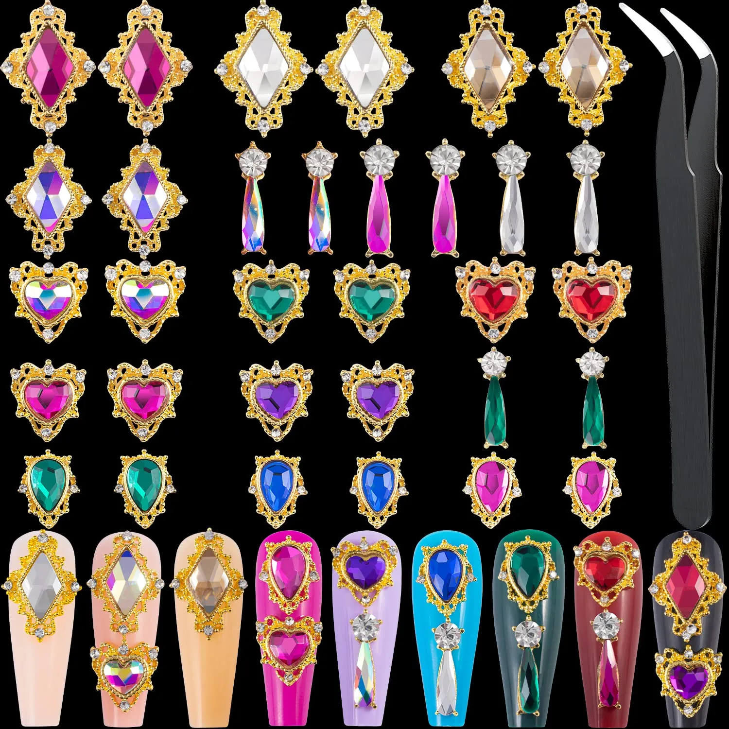 48PCS Large 3D Silver Alloy Nail Rhinestones Charm with Iridescent Color for Manicure Metal Frame, Big Gem Jewel Stone Crystal Diamond for Nail Art, Tweezer Included