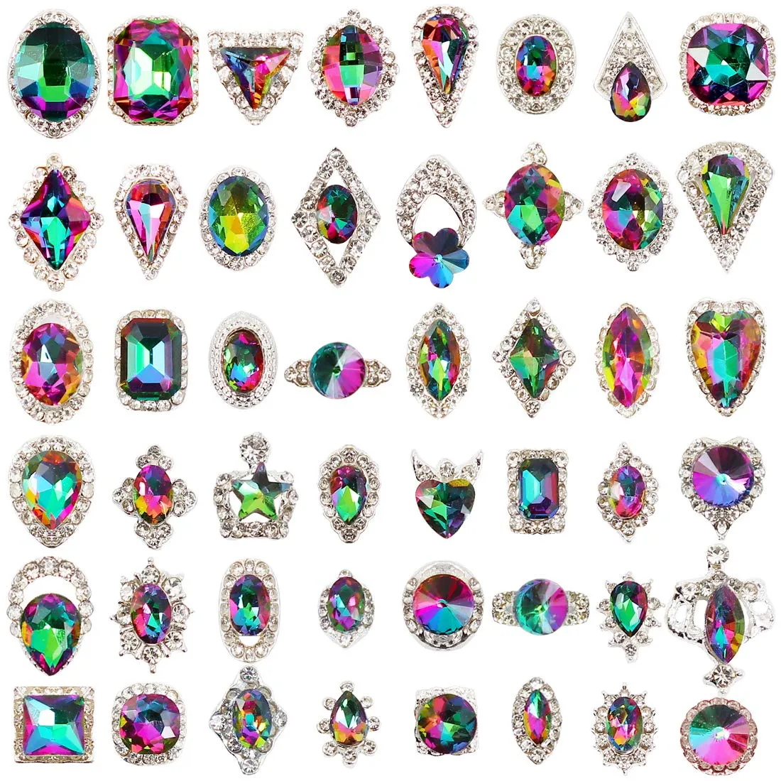 48PCS Large 3D Silver Alloy Nail Rhinestones Charm with Iridescent Color for Manicure Metal Frame, Big Gem Jewel Stone Crystal Diamond for Nail Art, Tweezer Included