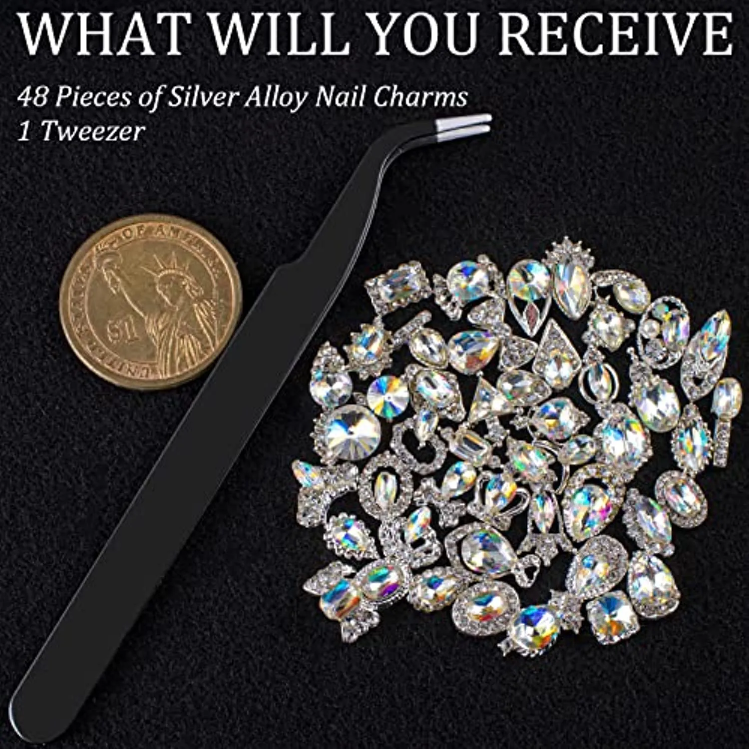 48PCS Large 3D Silver Alloy Nail Rhinestones Charm with Iridescent Color for Manicure Metal Frame, Big Gem Jewel Stone Crystal Diamond for Nail Art, Tweezer Included