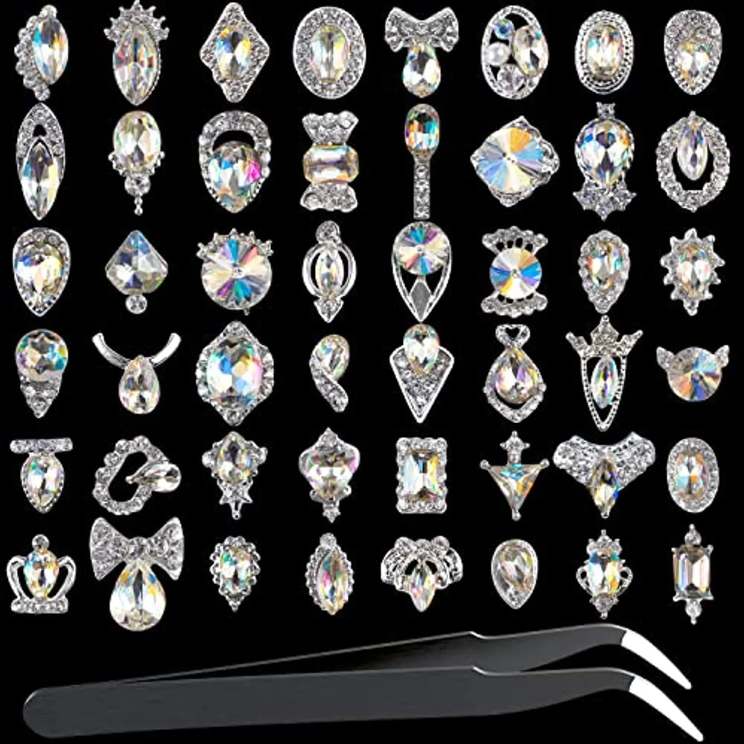48PCS Large 3D Silver Alloy Nail Rhinestones Charm with Iridescent Color for Manicure Metal Frame, Big Gem Jewel Stone Crystal Diamond for Nail Art, Tweezer Included