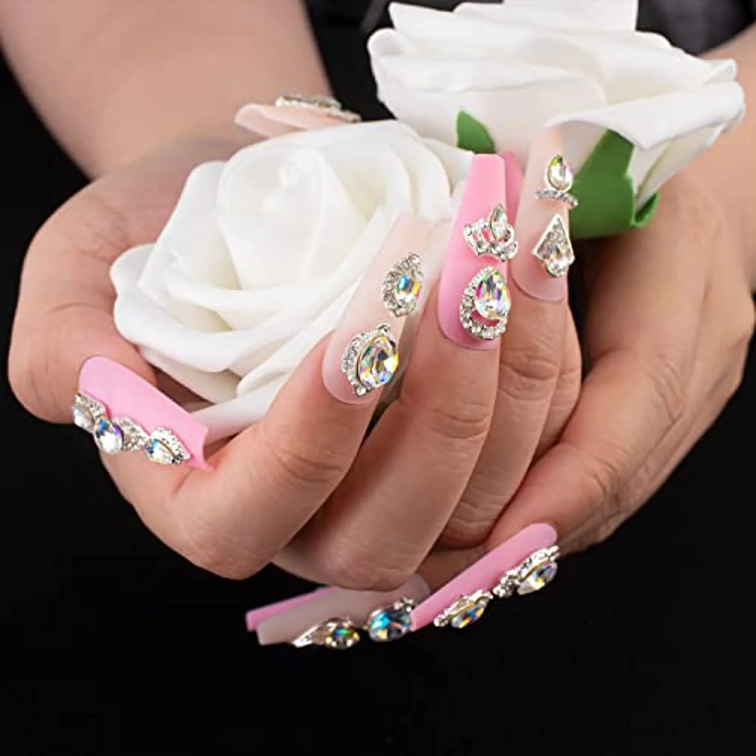 48PCS Large 3D Silver Alloy Nail Rhinestones Charm with Iridescent Color for Manicure Metal Frame, Big Gem Jewel Stone Crystal Diamond for Nail Art, Tweezer Included