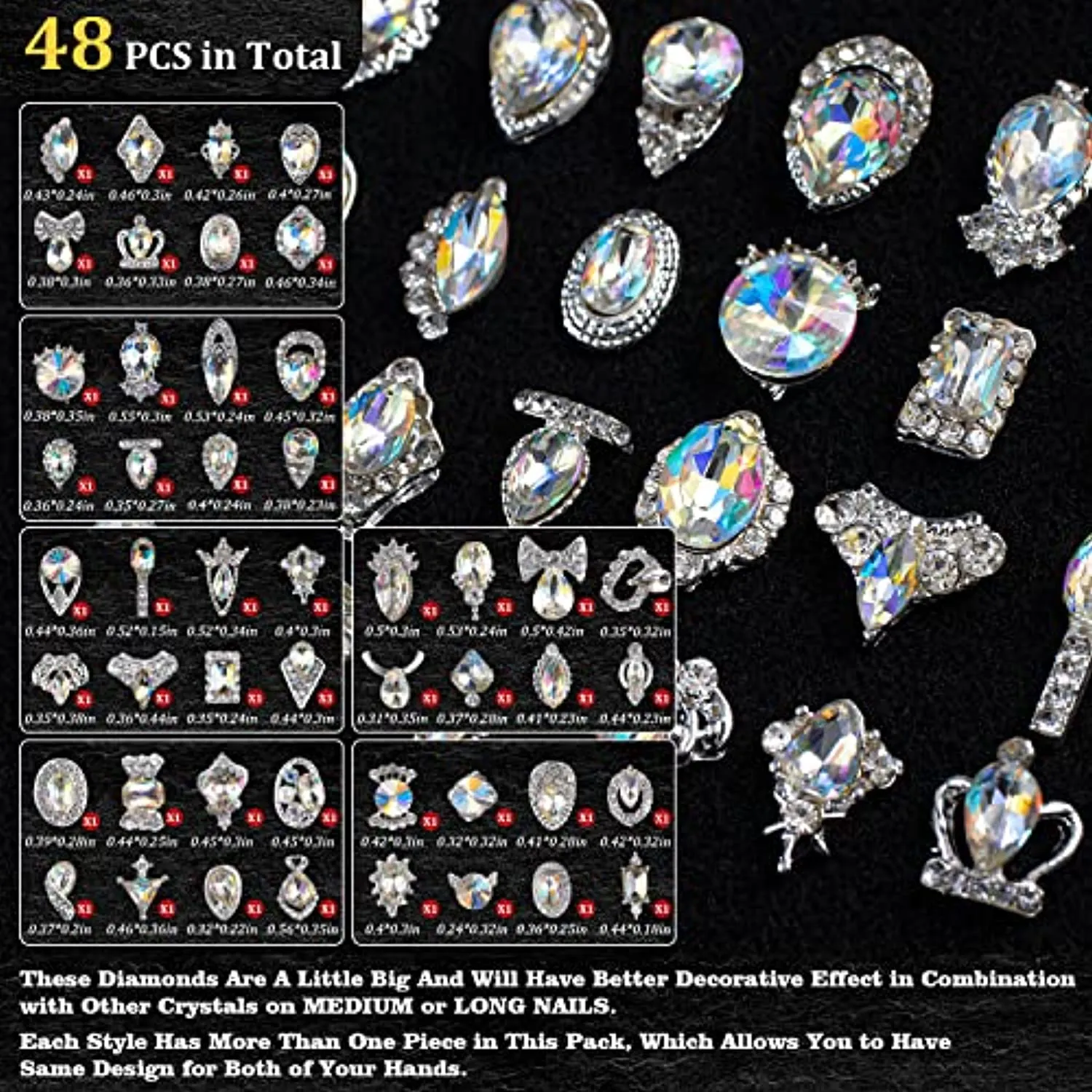 48PCS Large 3D Silver Alloy Nail Rhinestones Charm with Iridescent Color for Manicure Metal Frame, Big Gem Jewel Stone Crystal Diamond for Nail Art, Tweezer Included