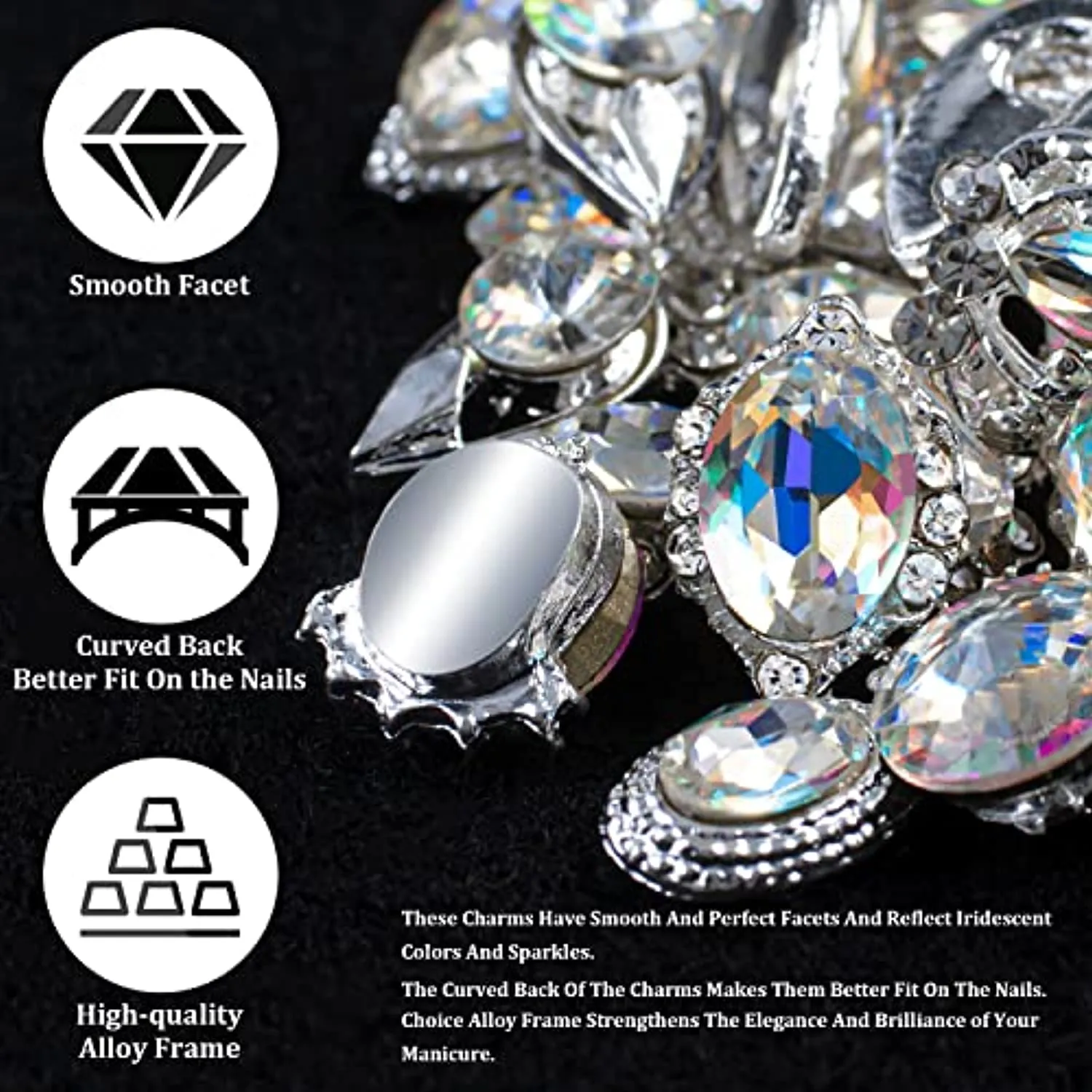48PCS Large 3D Silver Alloy Nail Rhinestones Charm with Iridescent Color for Manicure Metal Frame, Big Gem Jewel Stone Crystal Diamond for Nail Art, Tweezer Included