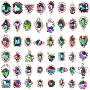 48PCS Large 3D Silver Alloy Nail Rhinestones Charm with Iridescent Color for Manicure Metal Frame, Big Gem Jewel Stone Crystal Diamond for Nail Art, Tweezer Included