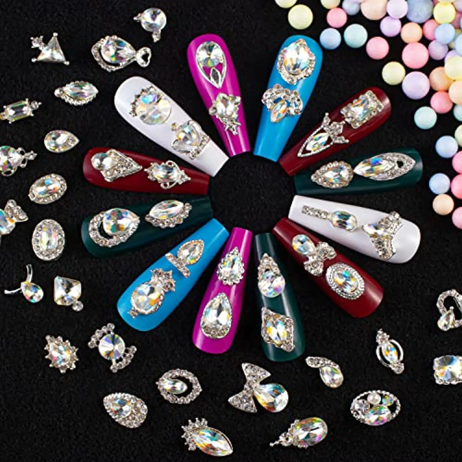 48PCS Large 3D Silver Alloy Nail Rhinestones Charm with Iridescent Color for Manicure Metal Frame, Big Gem Jewel Stone Crystal Diamond for Nail Art, Tweezer Included