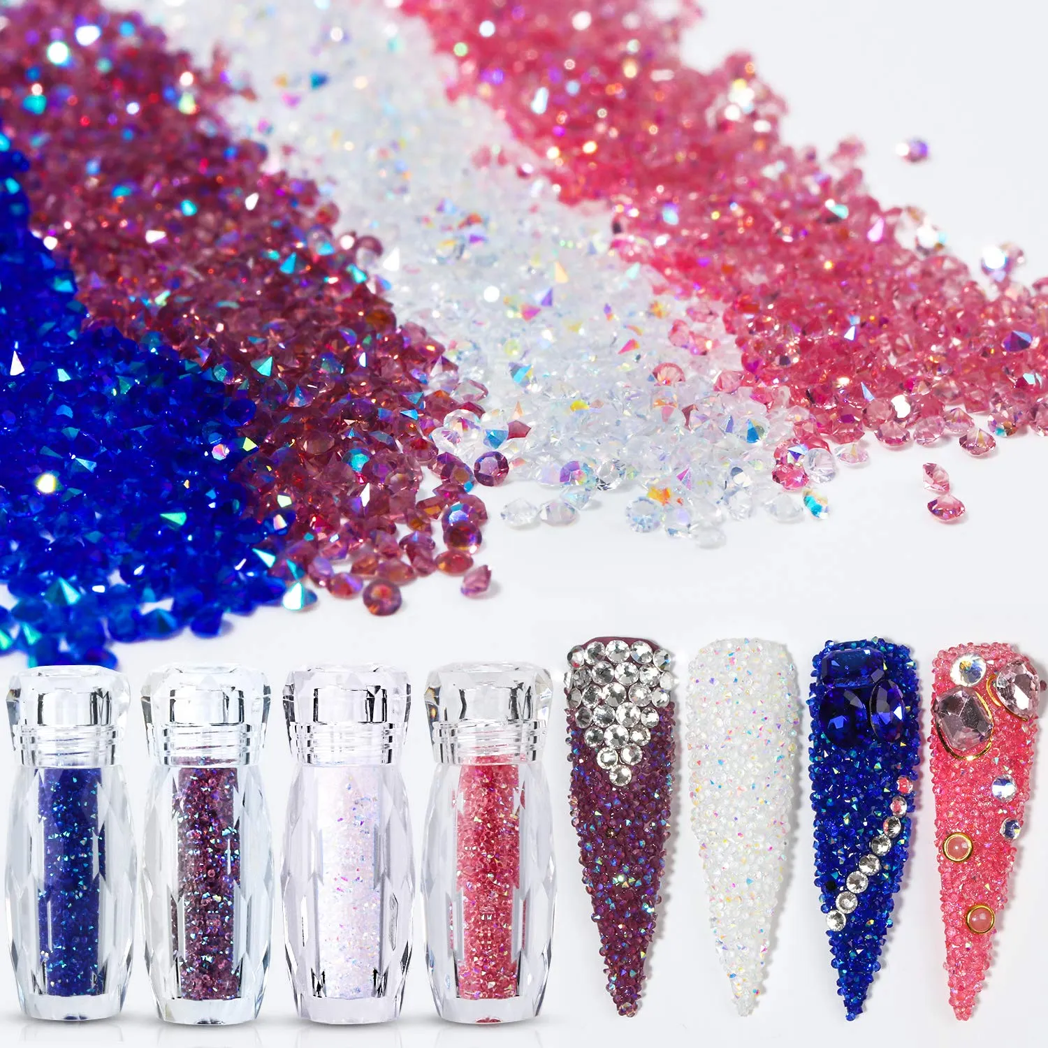 48PCS Large 3D Silver Alloy Nail Rhinestones Charm with Iridescent Color for Manicure Metal Frame, Big Gem Jewel Stone Crystal Diamond for Nail Art, Tweezer Included