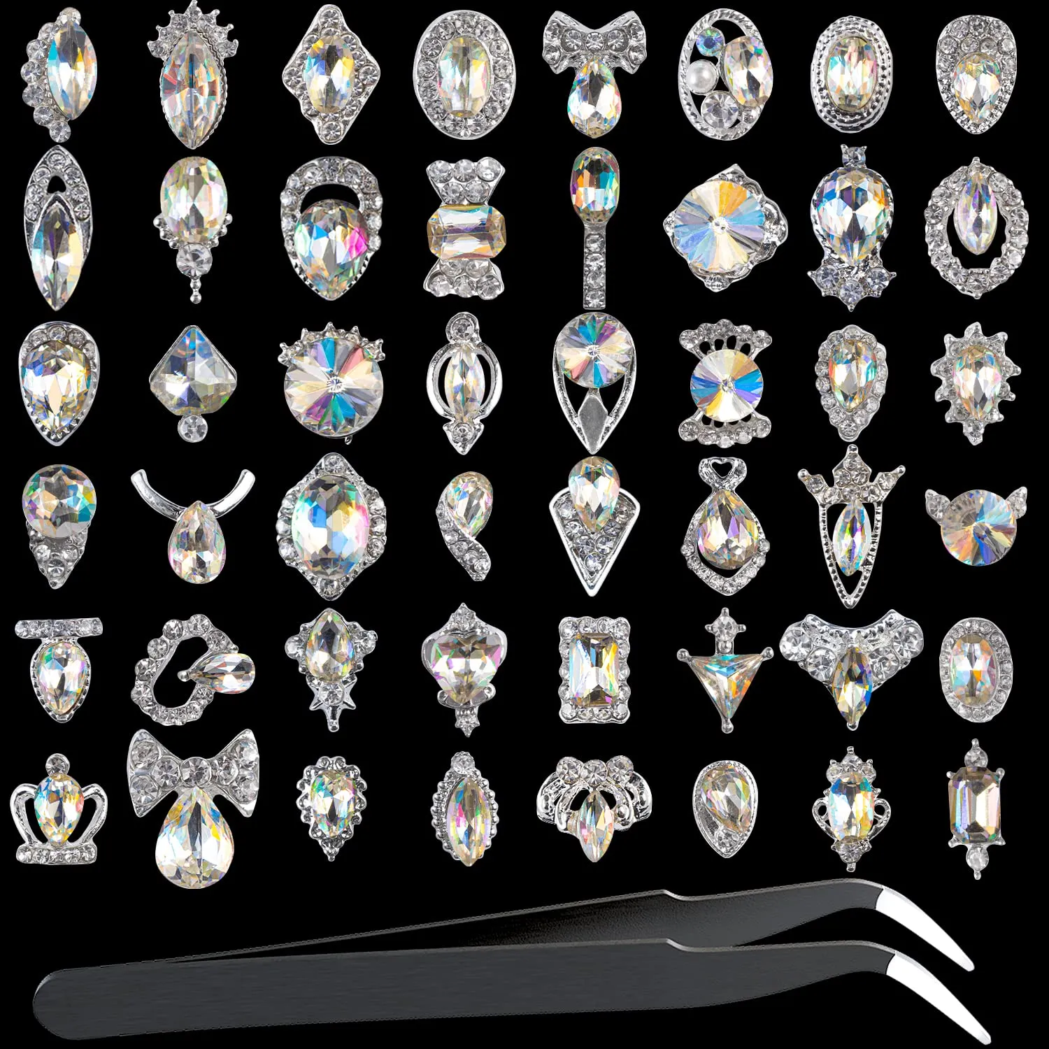 48PCS Large 3D Silver Alloy Nail Rhinestones Charm with Iridescent Color for Manicure Metal Frame, Big Gem Jewel Stone Crystal Diamond for Nail Art, Tweezer Included