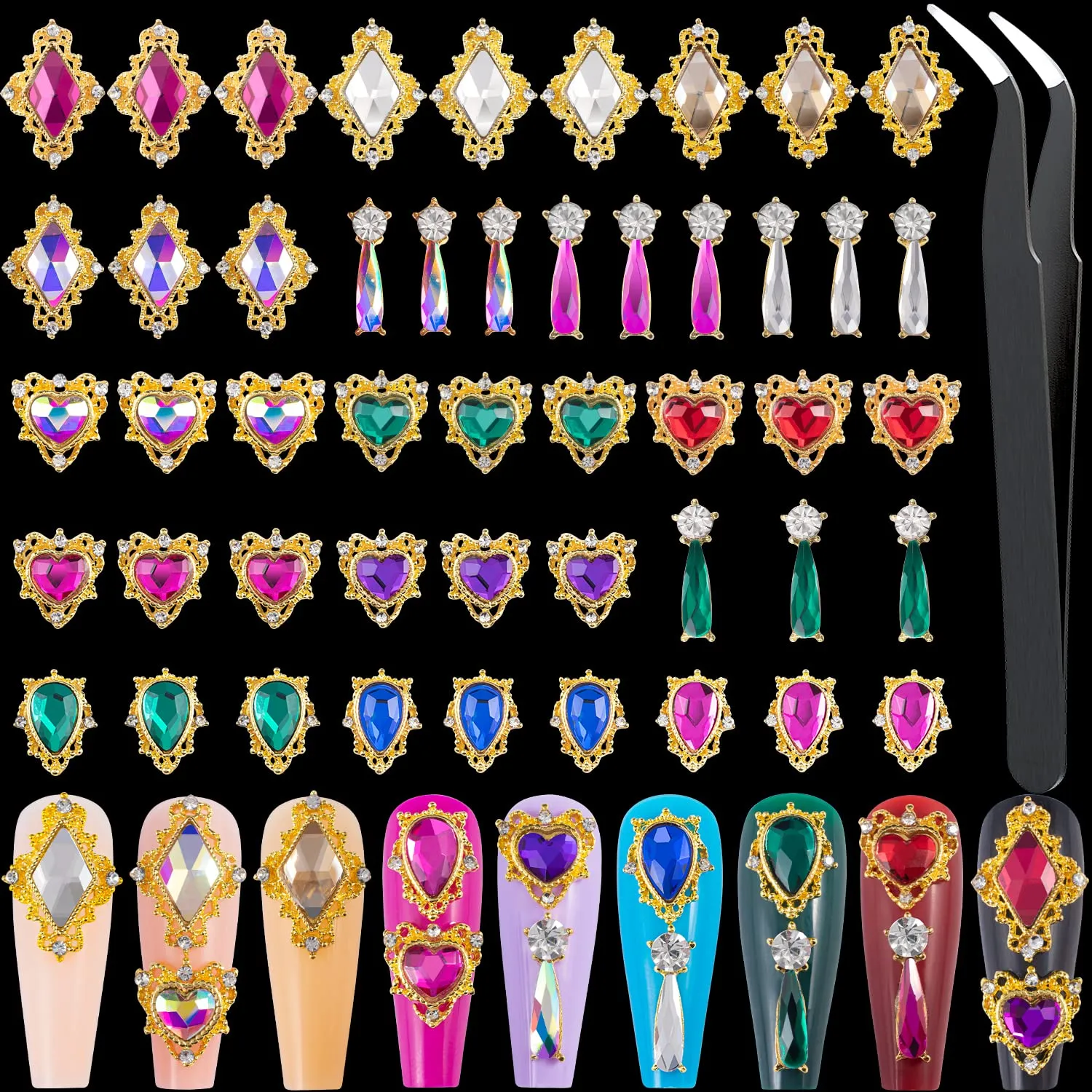 48PCS Large 3D Silver Alloy Nail Rhinestones Charm with Iridescent Color for Manicure Metal Frame, Big Gem Jewel Stone Crystal Diamond for Nail Art, Tweezer Included