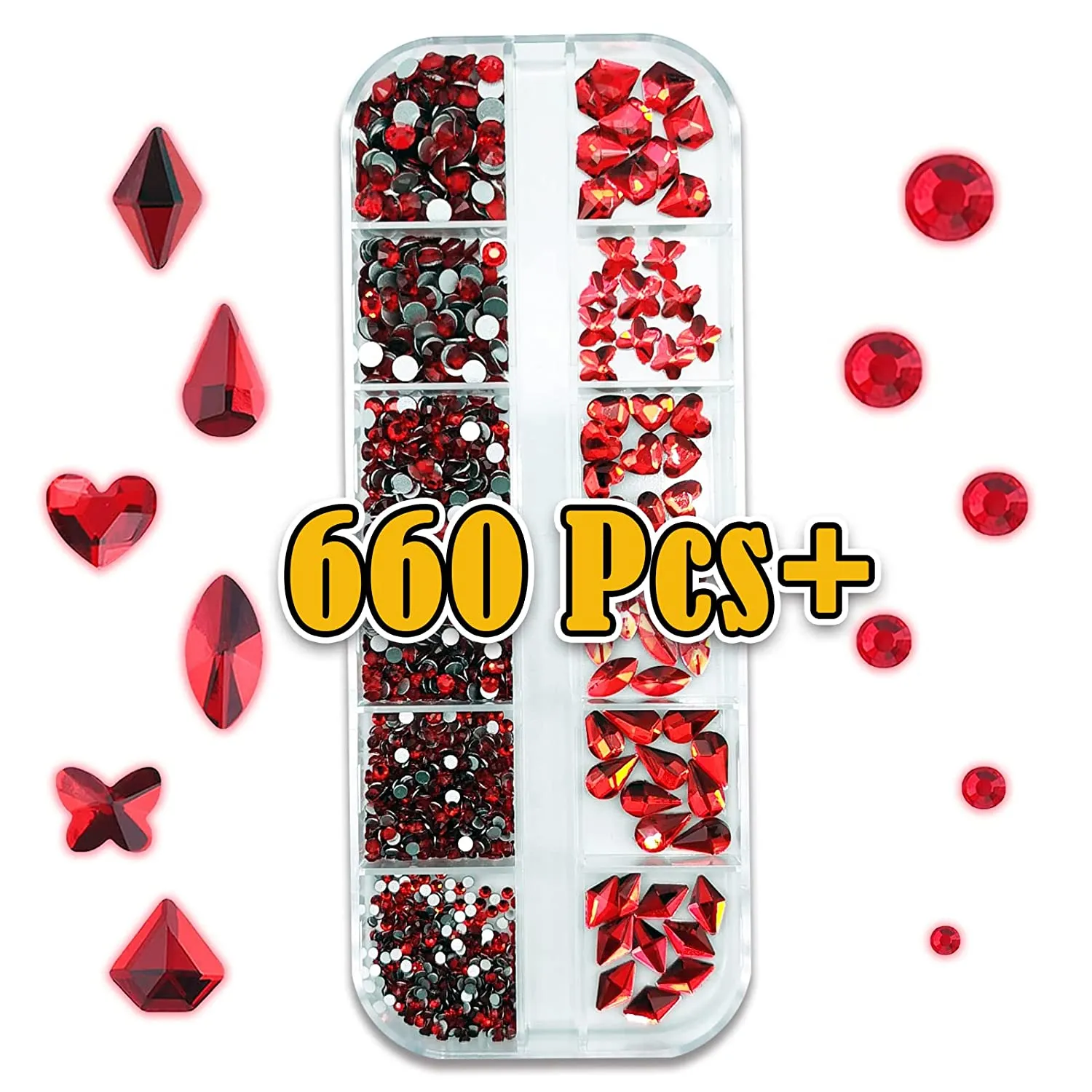 660Pcs - Red - Nail Gems Rhinestones Flat Back, Nail Crystals Diamonds with Different Shapes