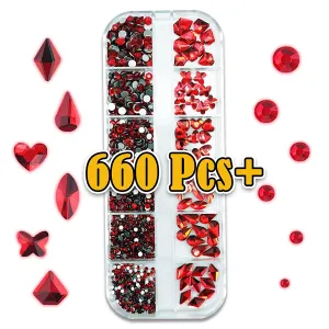 660Pcs - Red - Nail Gems Rhinestones Flat Back, Nail Crystals Diamonds with Different Shapes