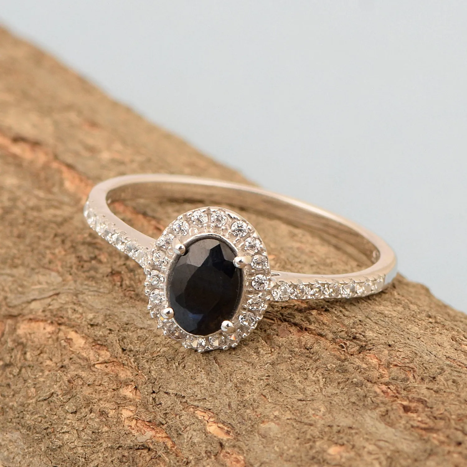 925 Sterling Silver Oval Blue Sapphire Women's Solitaire Ring