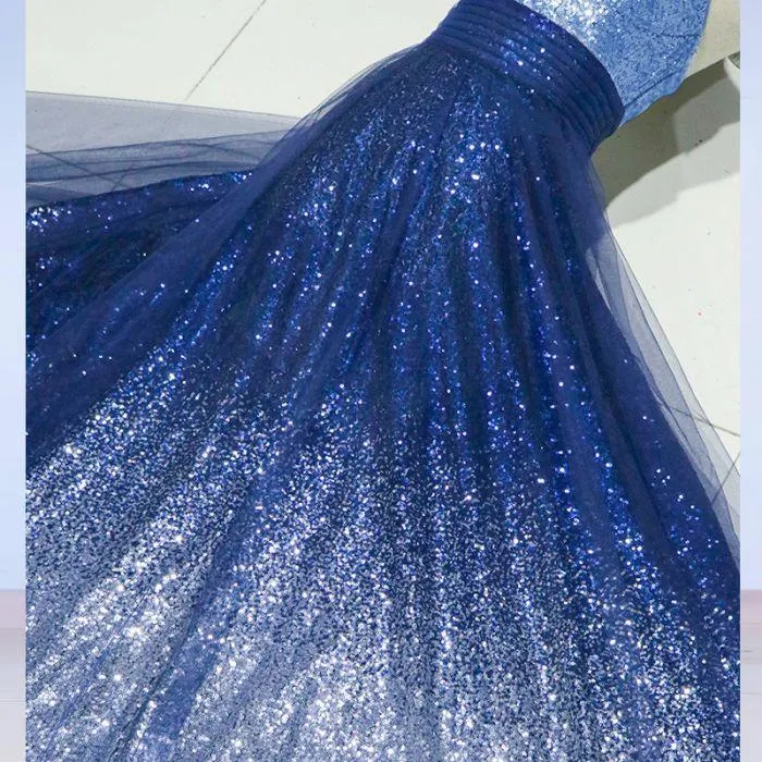 A-line Spaghetti Strap Sleeveless Royal Blue Tulle Sequins Modest Long Prom Dresses OK616