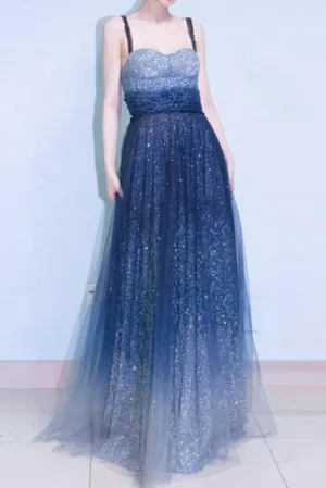 A-line Spaghetti Strap Sleeveless Royal Blue Tulle Sequins Modest Long Prom Dresses OK616