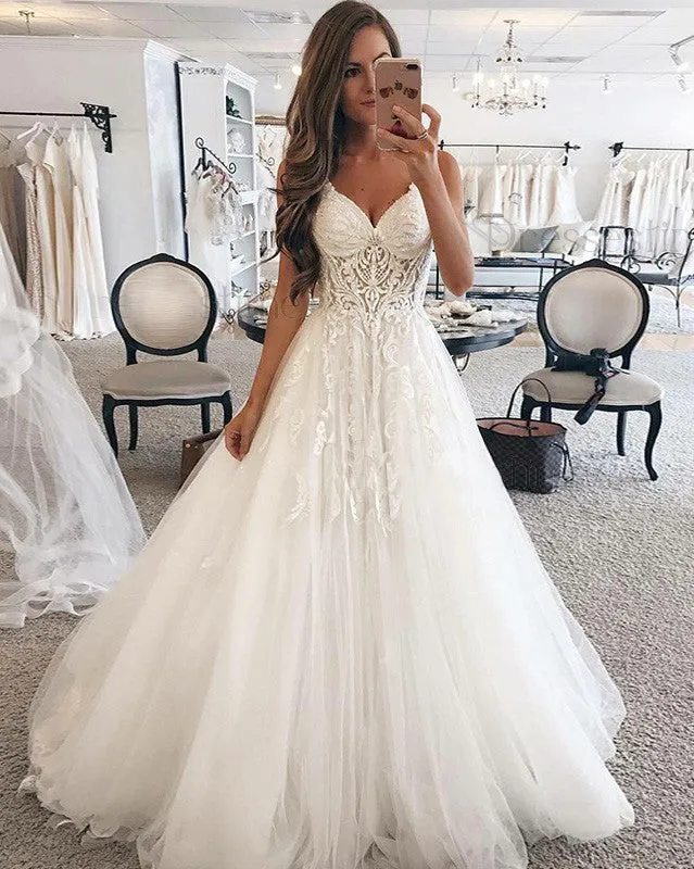 A Line Spaghetti Strap Sweetheart Charming Applique Long Wedding Dresses, BGP261