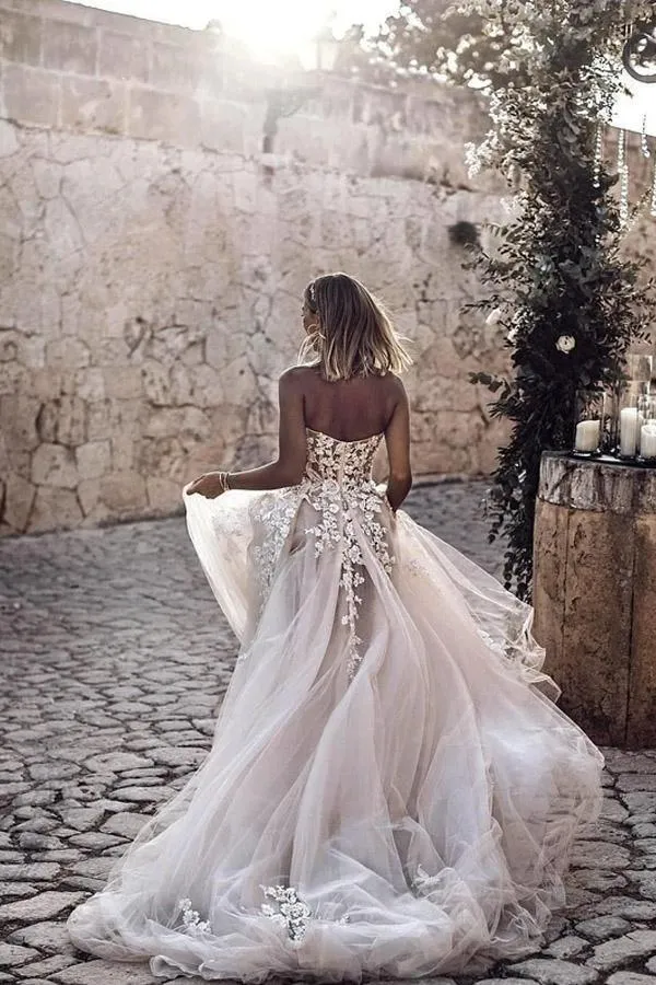 A-Line Sweetheart Sleeveless Sweep Train Tulle Wedding Dress WD295