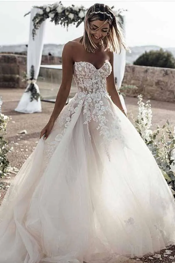 A-Line Sweetheart Sleeveless Sweep Train Tulle Wedding Dress WD295