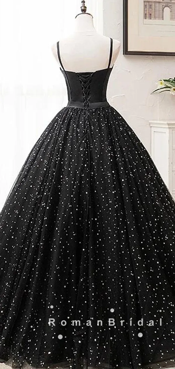 A-Line Sweetheart Spaghetti Straps Black Tulle Long Prom Dresses With Beading,RBPD0018