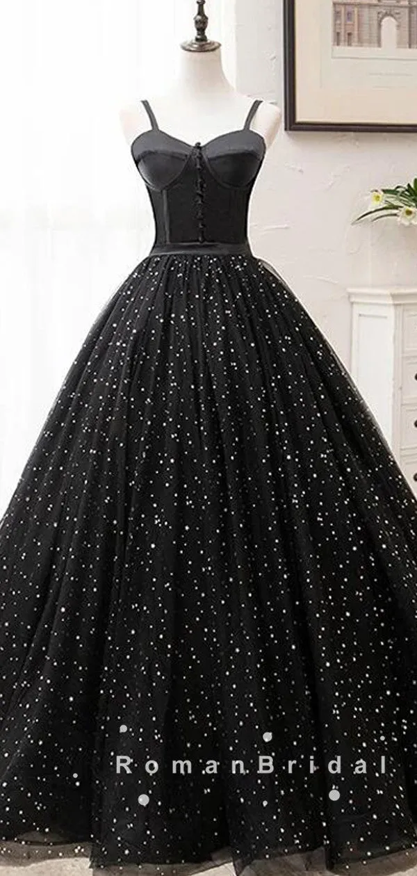 A-Line Sweetheart Spaghetti Straps Black Tulle Long Prom Dresses With Beading,RBPD0018