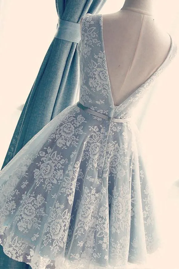 A-Line V-Neck Backless Light Blue Lace Homecoming Dress with Belt  PG103