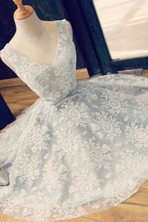 A-Line V-Neck Backless Light Blue Lace Homecoming Dress with Belt  PG103