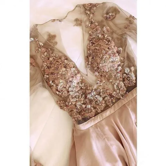A Line V Neck Long Sleeves Champagne Prom Dress With Appliques TP0940
