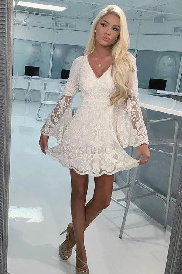 A-Line V-neck Open Back Bell Sleeves Short Ivory Lace Homecoming Dress HD0014
