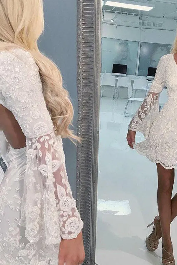 A-Line V-neck Open Back Bell Sleeves Short Ivory Lace Homecoming Dress HD0014